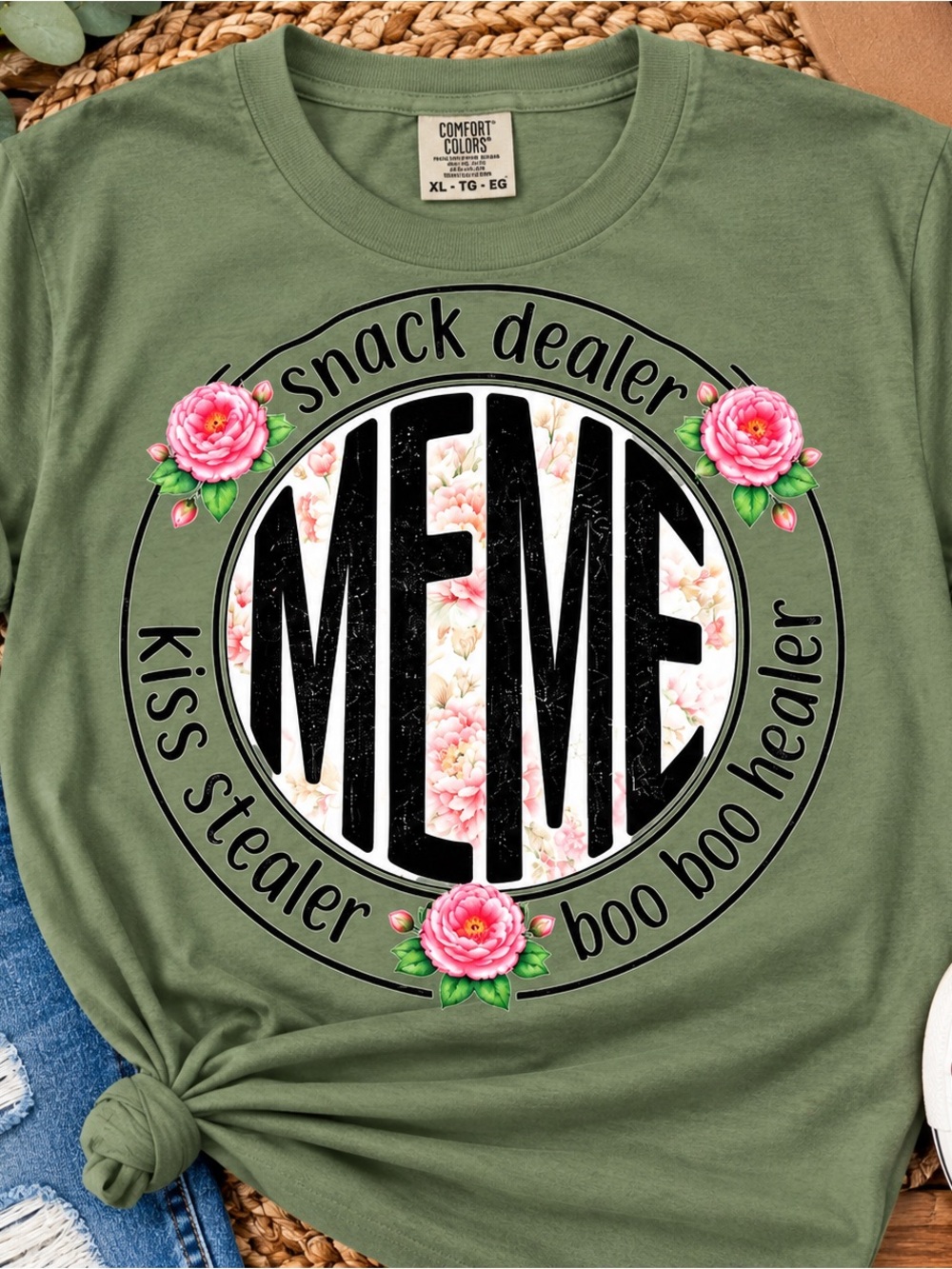 Comfort Colors Olive 'MEME' Floral Graphic Tee - Women's Short Sleeve